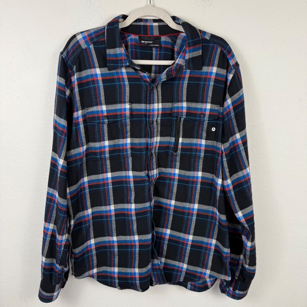 Marmot Mens XL Plaid Flannel Snap Front Long Sleeve Shirt Black Blue Orange Hike